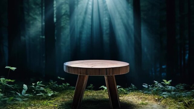 Wooden stool in a forest with sun rays, nature and tranquility concept