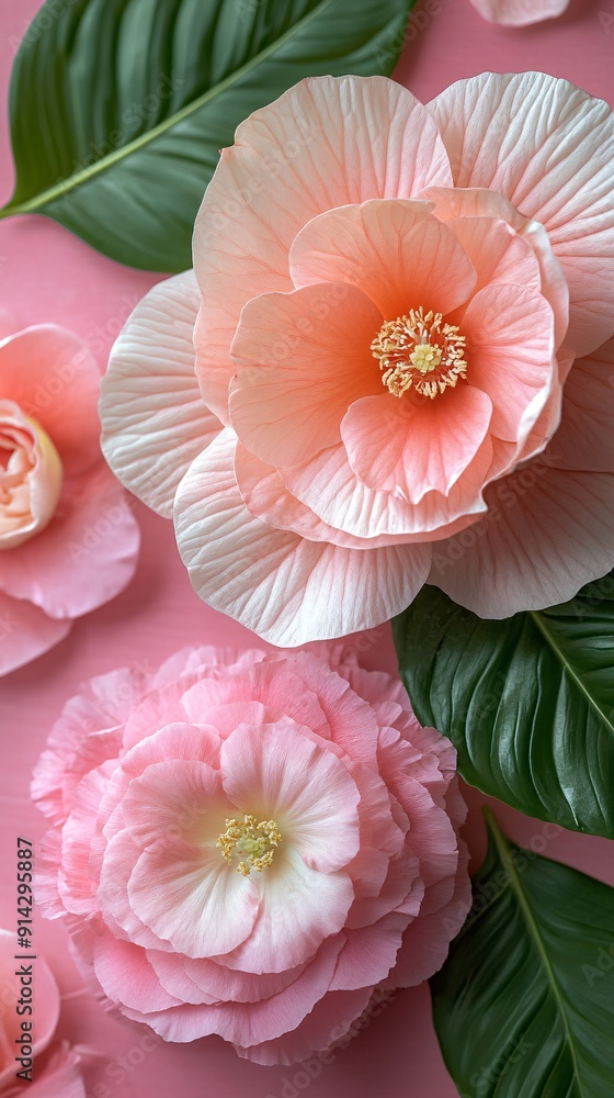 Poster detailed minimal flat lay featuring pastel-toned leaves and flowers with precise clean lines for a r