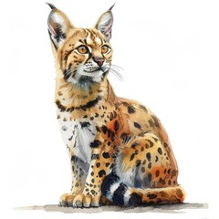 Fototapeta premium Graceful Watercolor Savannah Cat Illustration Isolated on White Background