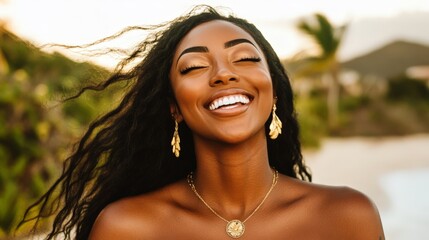 Golden Hour Glow A Close-Up Portrait of a Smiling Black Woman with Long Black Hair, Wearing Gold Jewelry on a Tropical Beach. goldenhour portraitphotography blackwomen beauty jewelry tropicalvibes sum