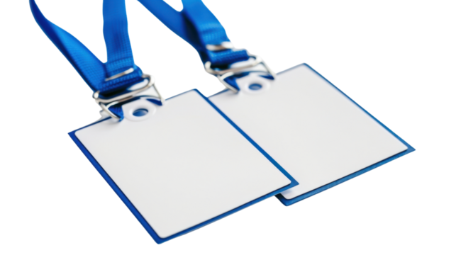 Two blank ID badge holders blue lanyards on transparent background