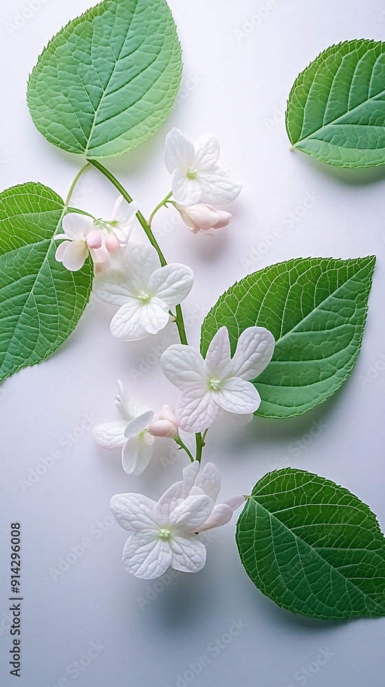 Poster flat lay of intricately detailed leaves and flowers in soft pastel colors presenting a minimal and c