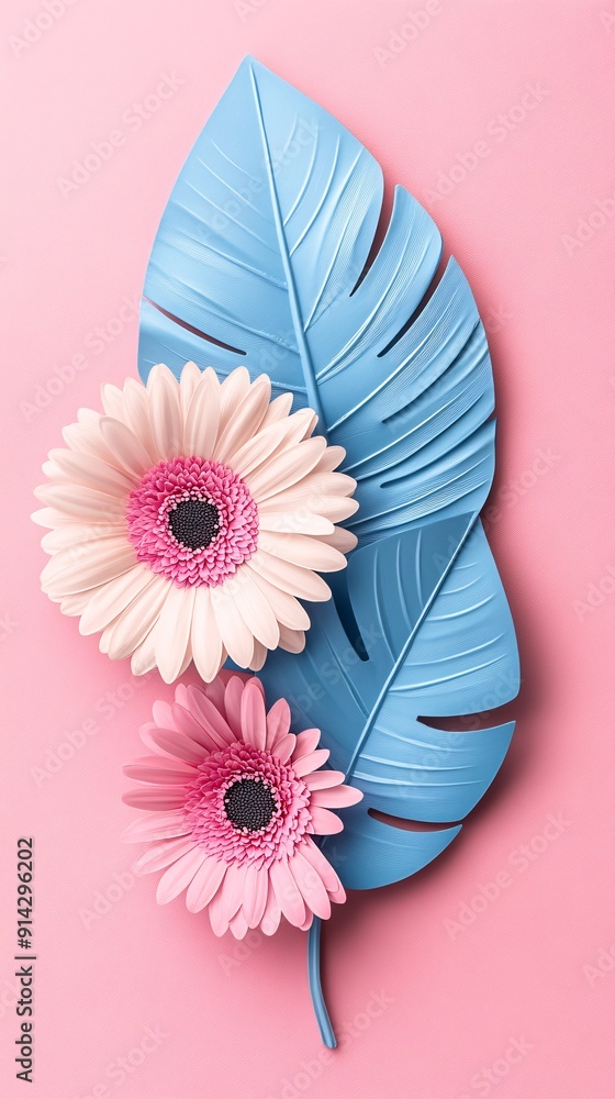 Poster flat lay of intricately detailed leaves and flowers in soft pastel colors presenting a minimal and c