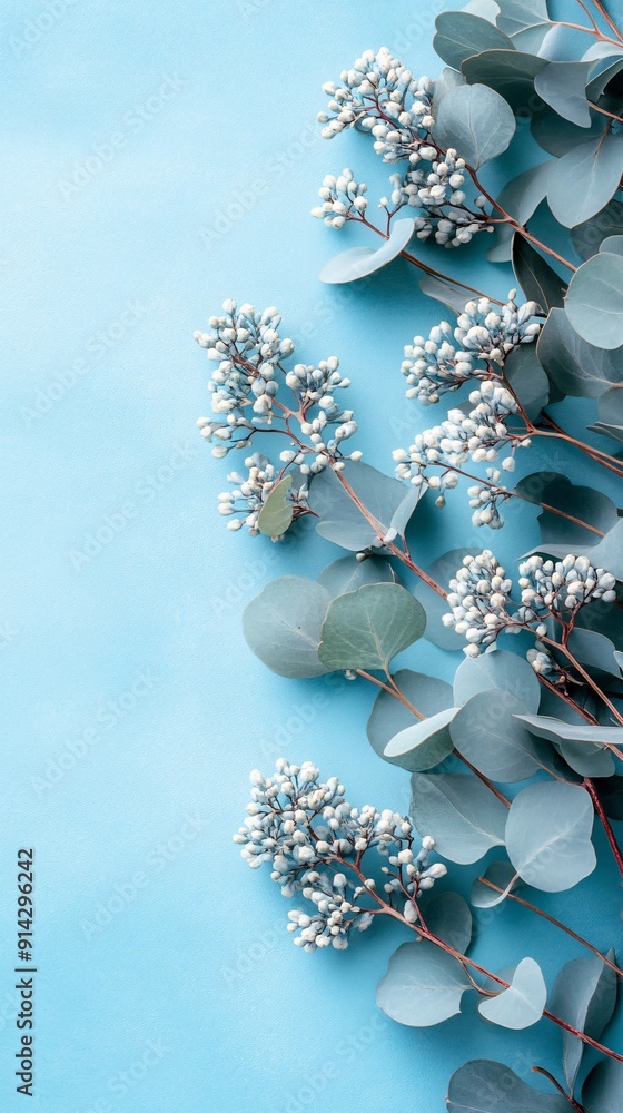 Poster flat lay of intricately detailed leaves and flowers in soft pastel colors presenting a minimal and c