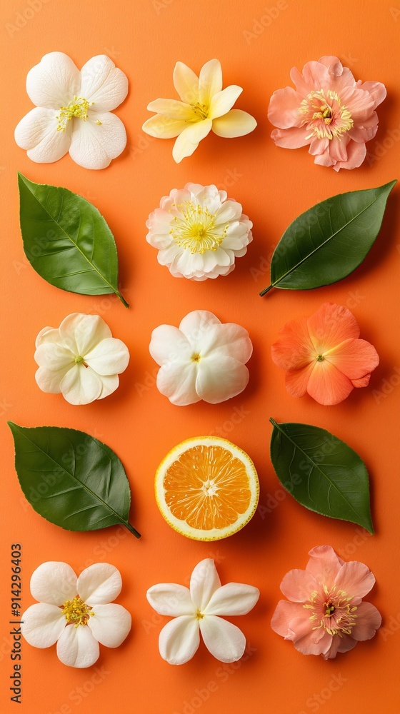 Poster Pastel-toned flat lay of leaves and flowers arranged in a minimalistic style with high detail and clean lines for a sophisticated look Stock Photo with copy space