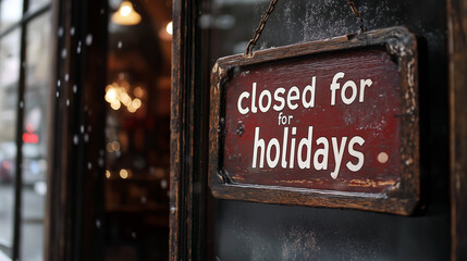 Weathered "closed for holidays" sign hanging on a vintage shop door with bokeh lights in the background