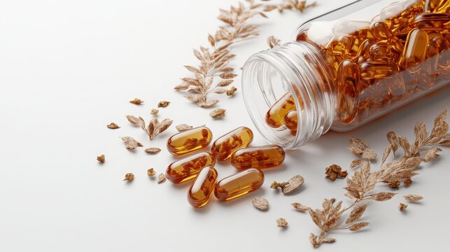Detailed Coenzyme Q10 with PQQ: A zoomed-in shot of Coenzyme Q10 capsules with PQQ (Pyrroloquinoline Quinone) in a clear bottle, featuring seeds and a detailed view of the capsules.