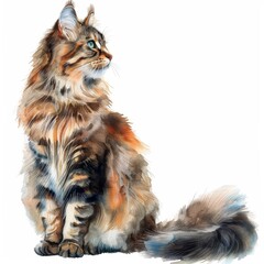 Majestic Watercolor Illustration of Maine Coon Cat with Bushy Tail Isolated on White Background