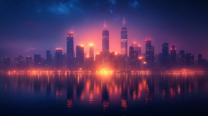 Fototapeta premium Futuristic cityscape at night with glowing skyscrapers, high quality