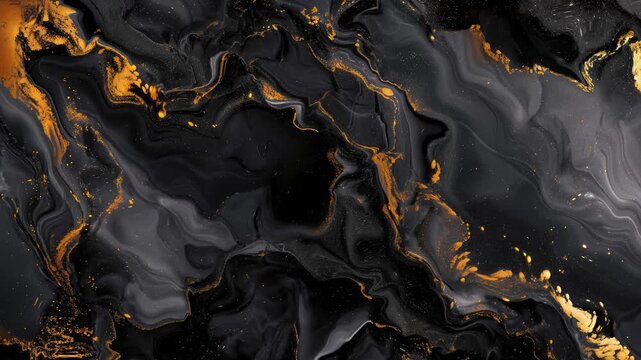 Video animation of abstract artistic black alcohol ink background. Marble liquid waves, texture banner