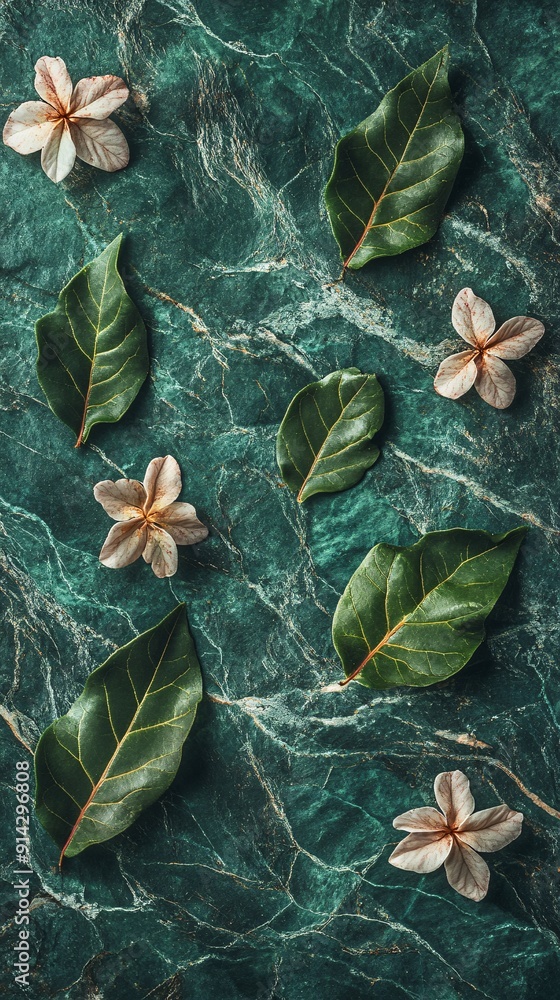 Poster elegant flat lay composition of leaves and flowers in pastel hues with high detail and minimalistic 