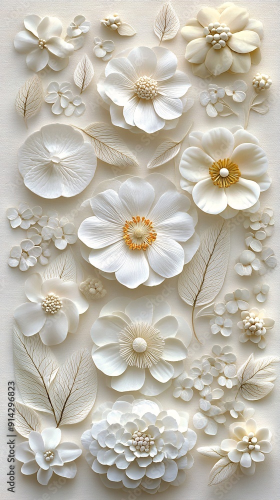 Poster pastel-toned flat lay of leaves and flowers arranged in a minimalistic style with high detail and cl