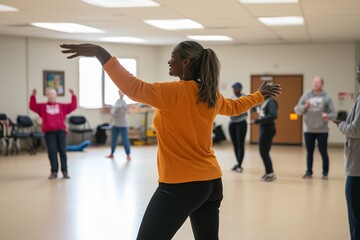Group of Adults Practicing Dance Movements in Community Center During Afternoon Class