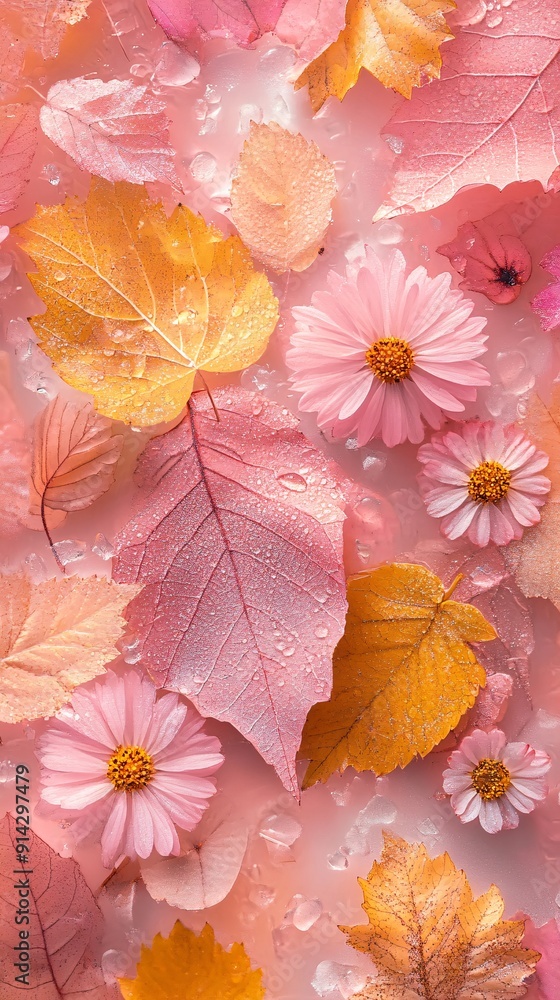 Poster detailed minimal flat lay of leaves and flowers in pastel tones with clean lines for an elegant and 