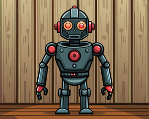 cartoon vector illustration of black robot, isolated wooden brown background, funny technology machine character