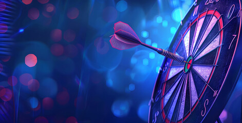 Close-up shot of an orange dart hitting the bullseye on a dartboard. The sharp focus on the dart and the bullseye contrasts with the blurred background, emphasizing precision and accuracy in a vibrant