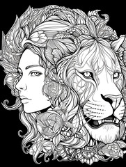 Fototapeta premium Beautiful womans face wearing lion costume art nouveau illustration
