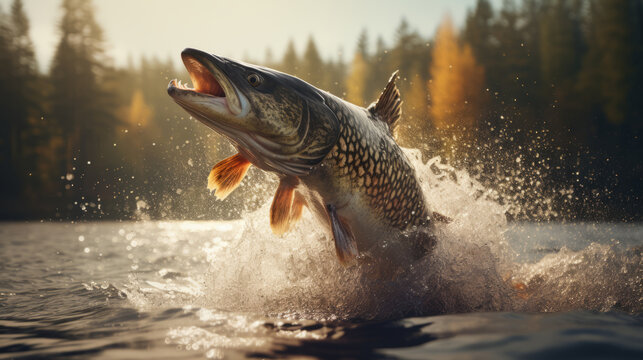 Fresh water pike fish jumping out of the lake. Fishing concept. Predatory fish on a lake or river. - Powered by Adobe