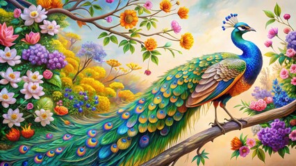 Peacock Paradise A Vibrant Watercolor Painting of a Peacock Amidst a Tapestry of Flowers - Bird, Feather, Nature, Animal, Art, Illustration, Watercolor