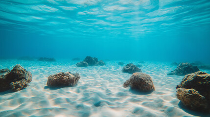 Underwater view of sandy sea floor with rocks in a clear blue ocean at midday