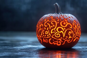 Intricately carved glowing pumpkin on dark background