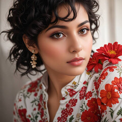 Fototapeta premium Sophisticated White Kameez with Red Floral Details