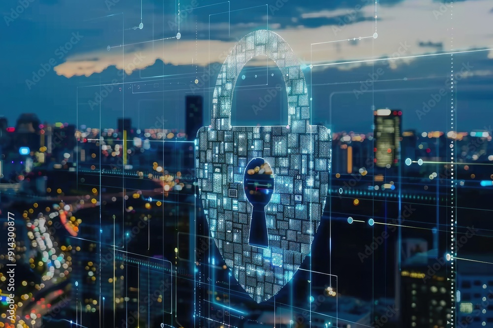 Poster digital security concept with a futuristic lock icon overlayed on a cityscape, representing cybersec