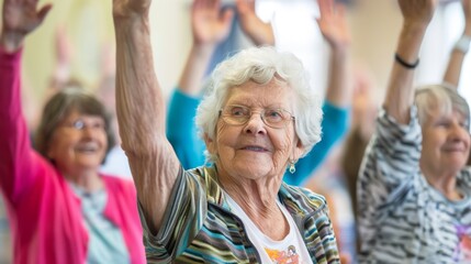Gymnastik im Altersheim mit sportlichen Senioren. Ältere Frauen beim gemeinsamen Sport. Aktive ältere Menschen. 