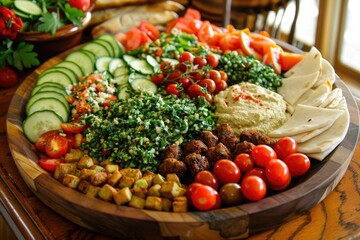 Fresh Mediterranean platter with hummus, falafel, tabbouleh, tomatoes, cucumbers, and pita bread arranged on a wooden serving tray.