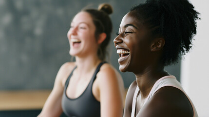 a group of diverse young women during a functional training class, laughing and engaging with each other, social fitness lifestyle