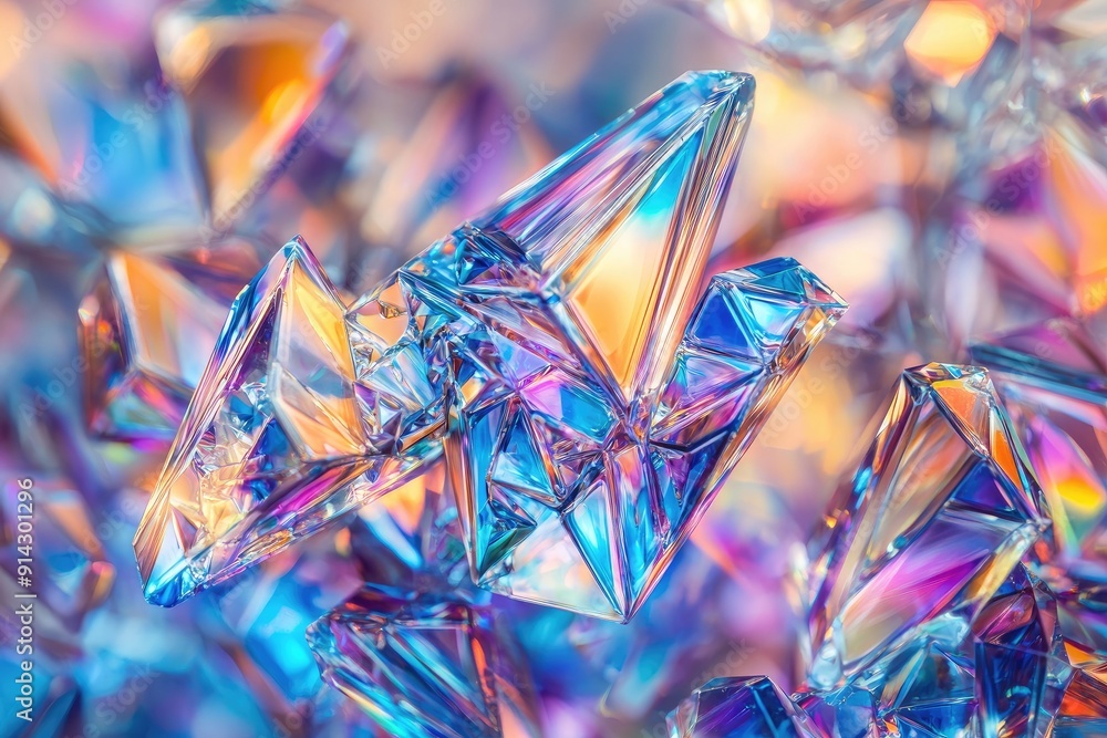 Poster close-up of sparkling crystals with vibrant colors reflecting light, creating an enchanting and drea