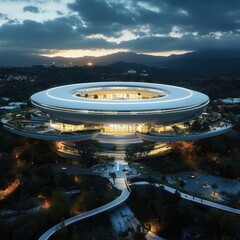 A stunning aerial view of a modern architectural marvel, showcasing sleek curves and a blend of nature and innovation at sunset.