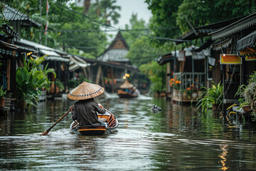 Obraz premium A man in a boat is paddling through a flooded street. The scene is peaceful and serene.