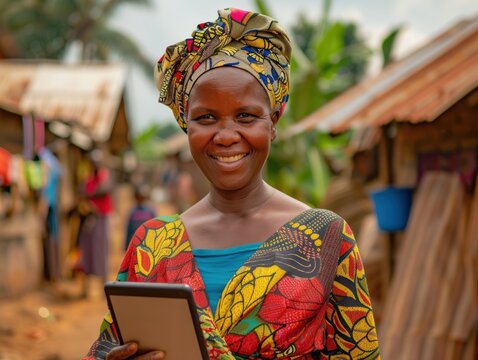 A smiling woman in colorful African attire holding a tablet, representing technology, culture, and connectivity in a rural setting.