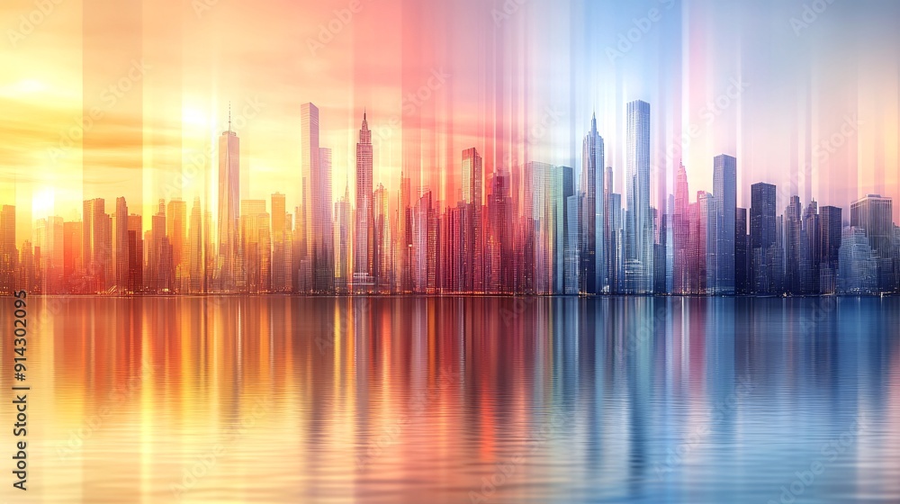 Poster abstract cityscape with clean geometric building shapes and soft pastel colors for a modern minimali