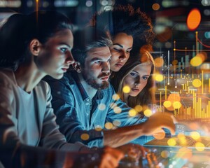 Focused team working together on data analysis using advanced technology, symbolizing collaboration, innovation, and digital insights.