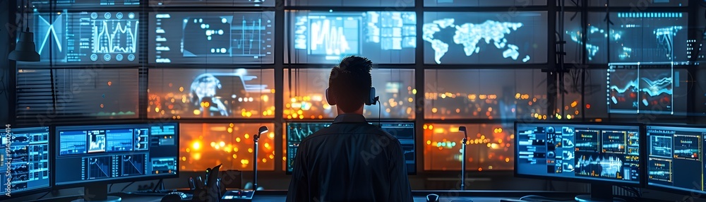 Poster engineer in futuristic high tech control room monitoring screens and systems