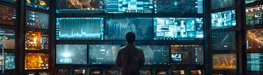 Poster engineer in a high tech control room with multiple screens focused on industry concepts and copy spa