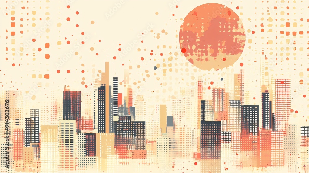 Aufkleber minimalistic urban design with abstract cityscape and geometric buildings in soft pastel colors stoc