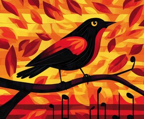 Fototapeta premium Autumnal vibes with stylized red blackbird