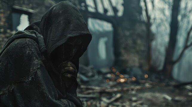Hooded figure in a somber setting, likely representing a person in a state of reflection or sorrow