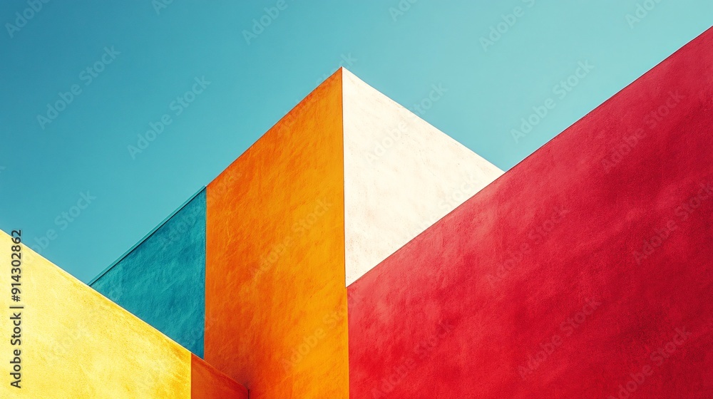 Poster abstract urban scene featuring geometric buildings with a clean minimal design in pastel tones stock