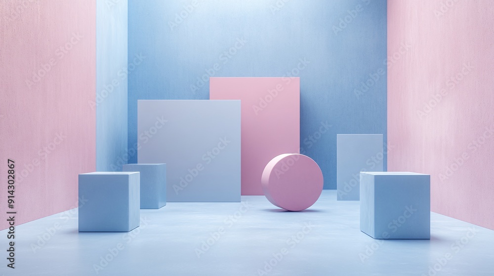 Poster minimalistic urban design with abstract cityscape and geometric buildings in soft pastel colors stoc