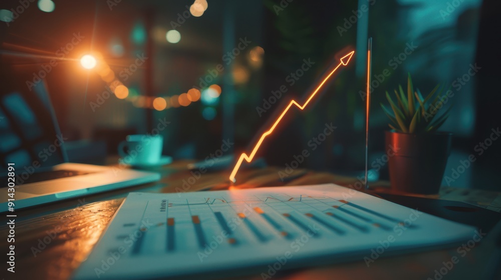 Poster visually striking representation of a business or financial concept, featuring a glowing upward arro