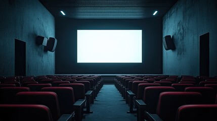 Fototapeta premium Dimly lit cinema with empty rows of seats and a blank screen, creating an eerie atmosphere