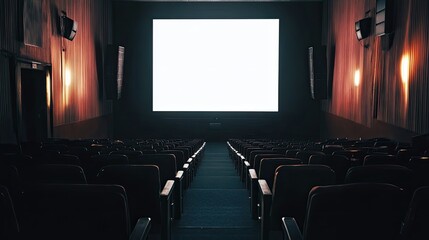 Fototapeta premium Dimly lit cinema with empty rows of seats and a blank screen, creating an eerie atmosphere