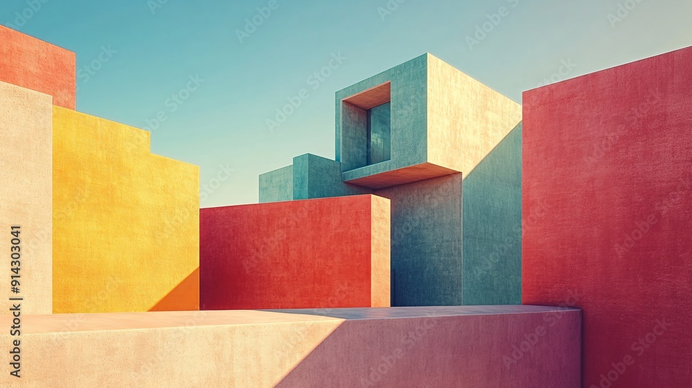 Aufkleber abstract urban scene featuring geometric buildings with a clean minimal design in pastel tones stock