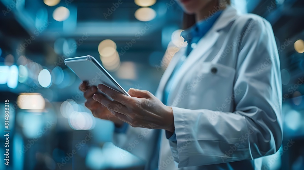 Poster tech savvy engineer analyzing data on tablet in modern factory industry concept