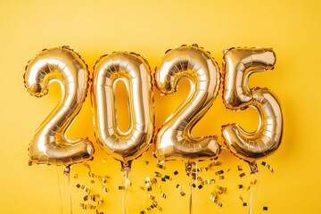 golden foil balloons shaped text "2025" golden confetti, gold solid color background