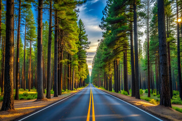 Obraz premium A road with trees on both sides and a clear blue sky